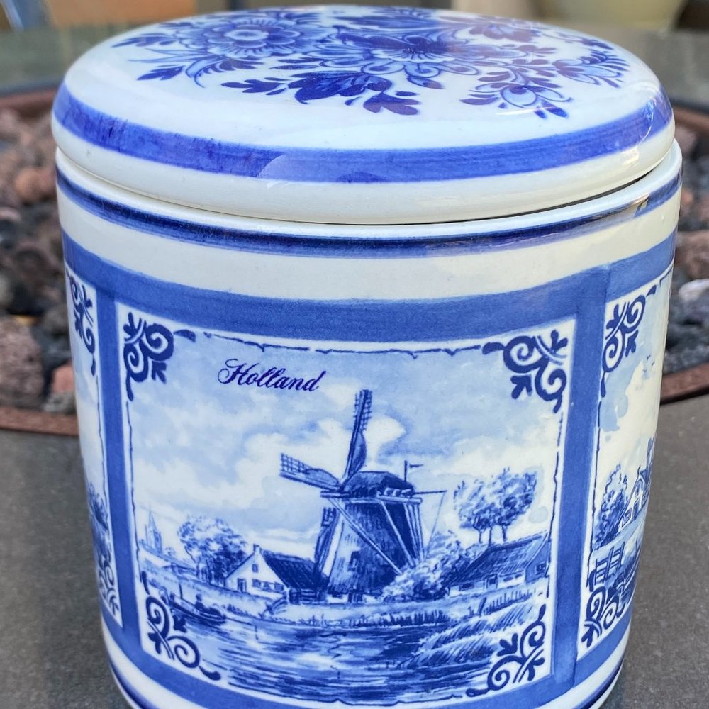 Delft Blauw Hand Painted Ceramic Jar Blue White Holland Windmills With Lid VTG